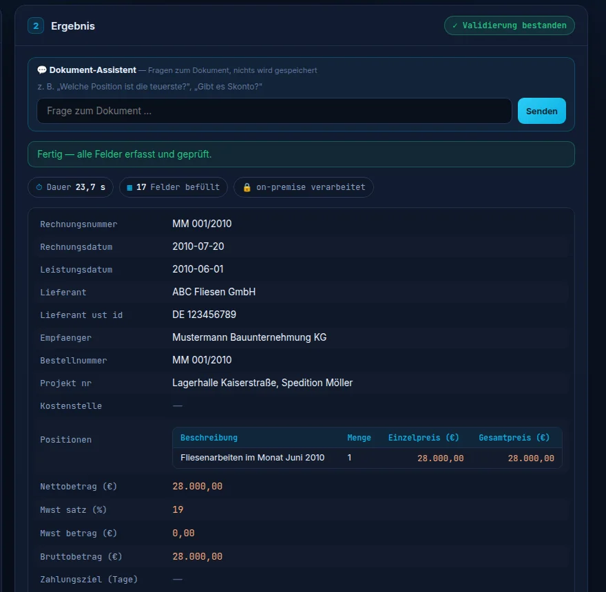 Beleg-Studio: Musterrechnung als strukturierter Datensatz, geprüft und übergabefertig