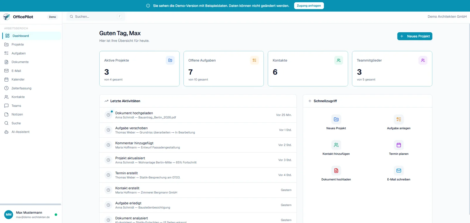 OfficePilot: Oberfläche der Büro- und Projektplattform (Demo-Daten)