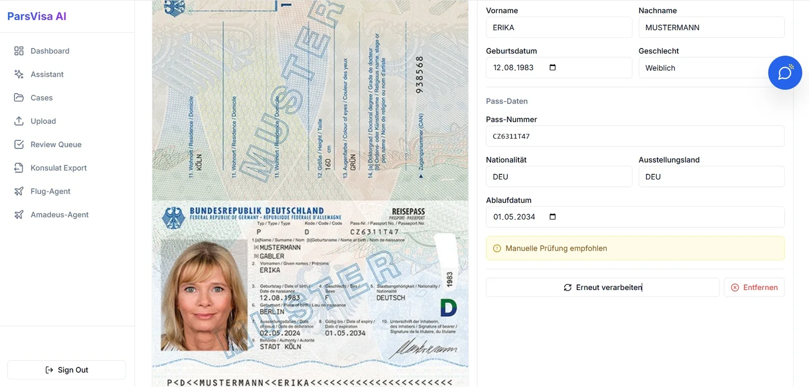 Visa-Cockpit: Erfassung eines Musterpasses mit erkannten Feldern und Prüfhinweis